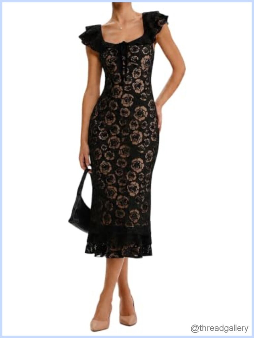 Lace Midi Dress Square Neck Ruffle Sleeve Fishtail Formal Cocktail